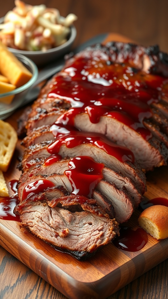 Sliced beef brisket coated in spicy BBQ sauce, served with coleslaw and cornbread on a wooden board.